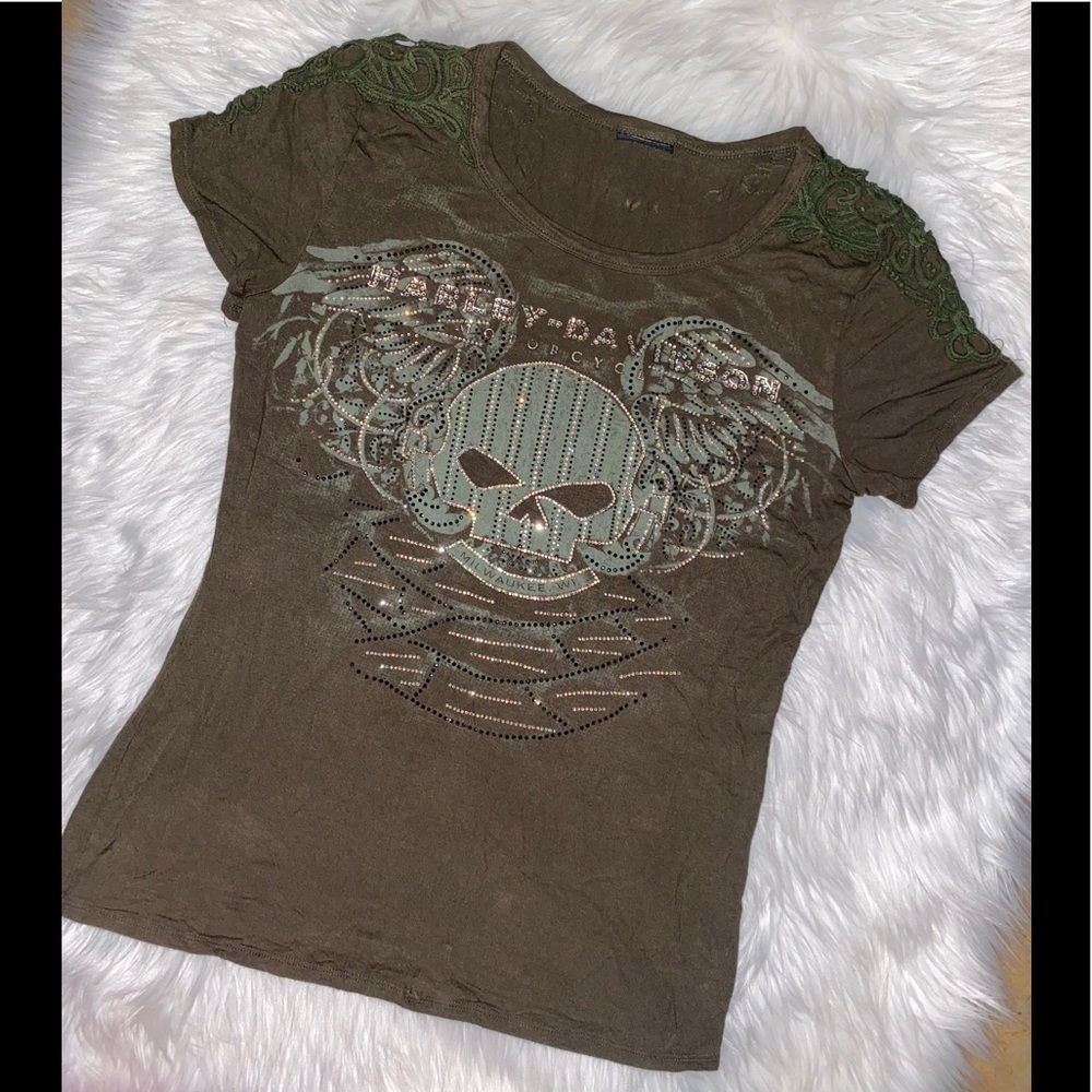 Rare Harley Davidson bling crochet skull tee- med